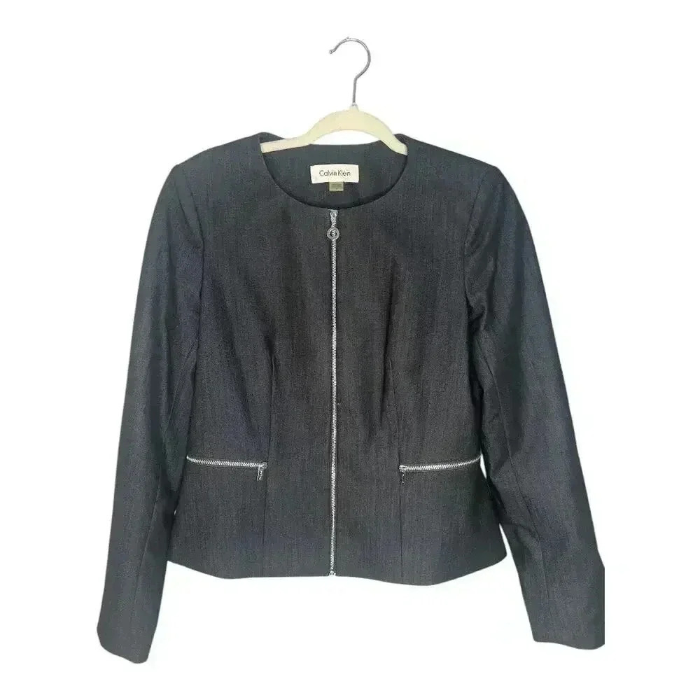 Calvin Klein Womens Denim Blue Peplum Zip Up Blazer, Size 8 - Picture 2 of 10